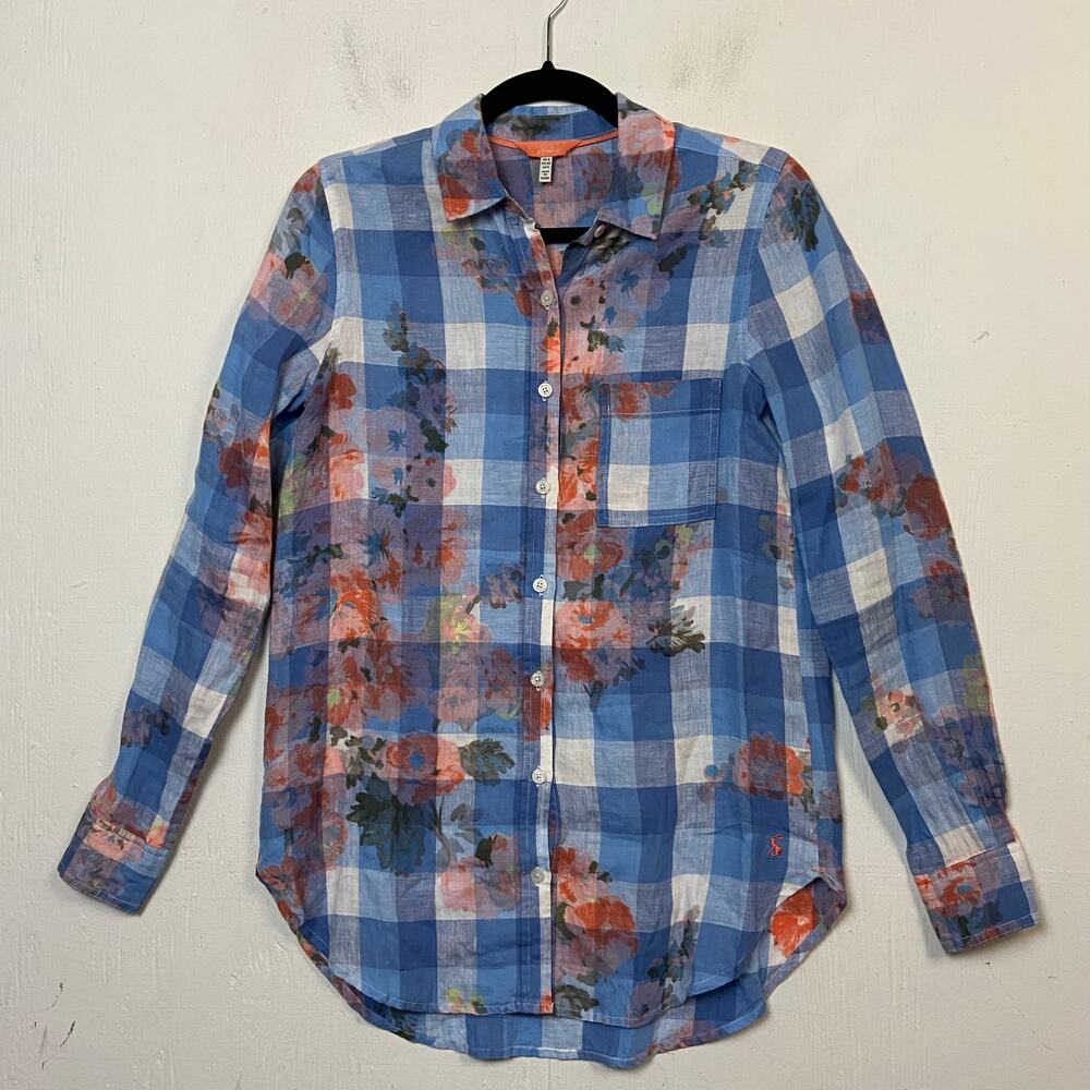 Joules Women's Blue Floral Plaid Button Up 100% Linen Lightweight Shirt Size 2